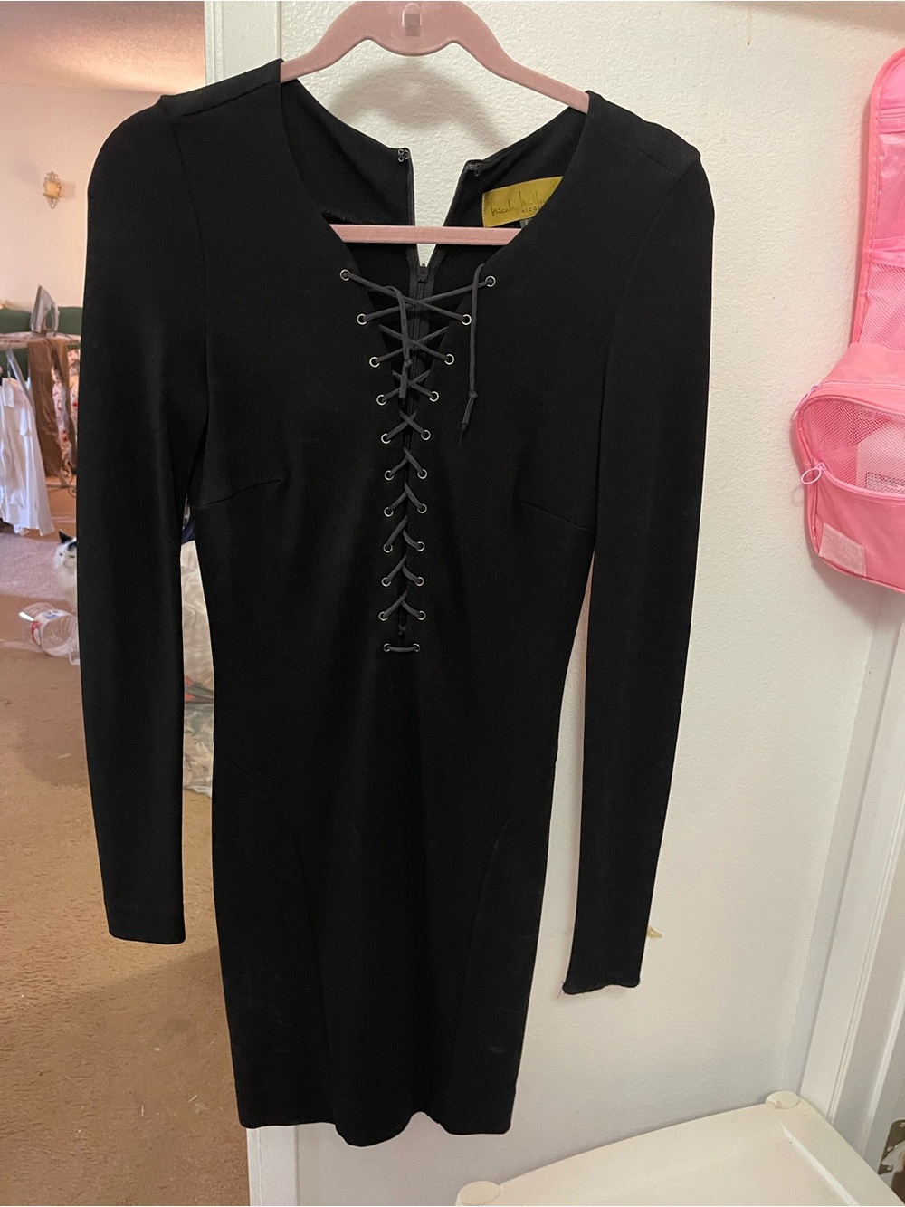 Nicole Miller Black Long-Sleeve Lace-Up Bodycon Dress